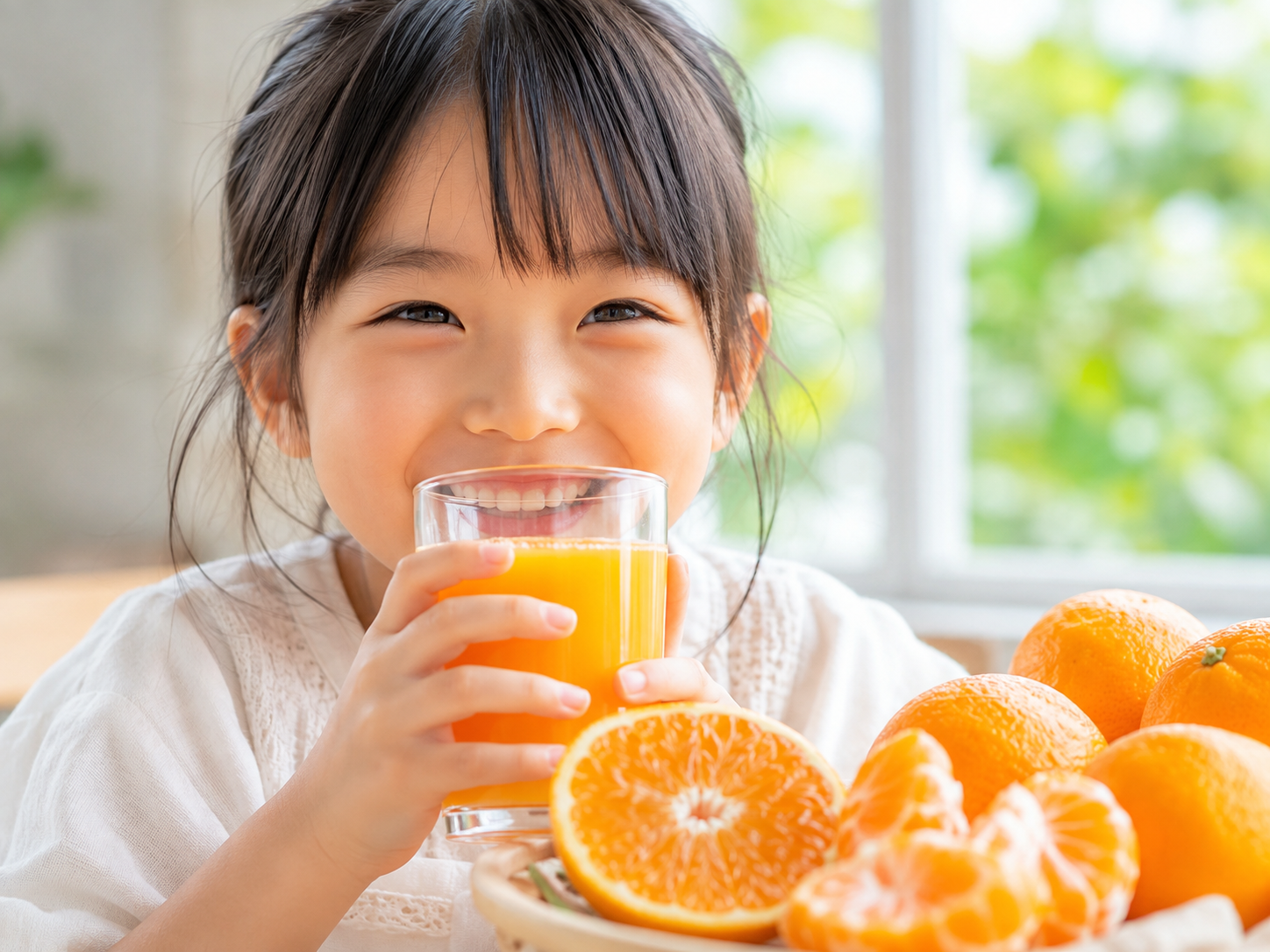 子どもがみかんのジュースを飲む