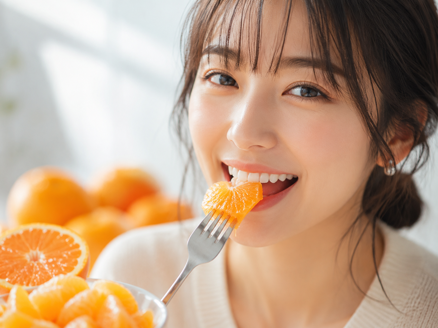 フォークでみかんを食べる女性