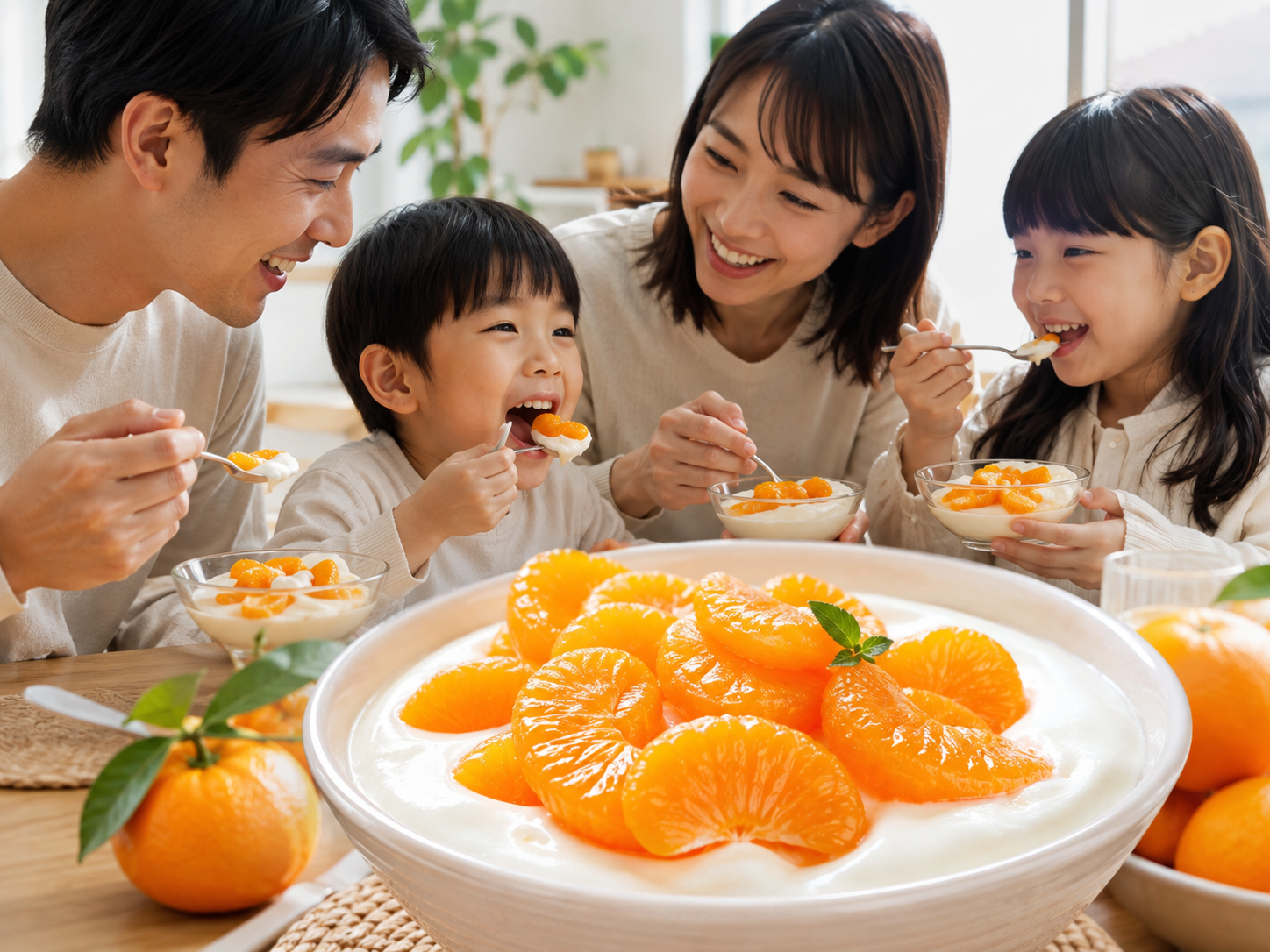 家族でヨーグルトにみかんをのせて食べる